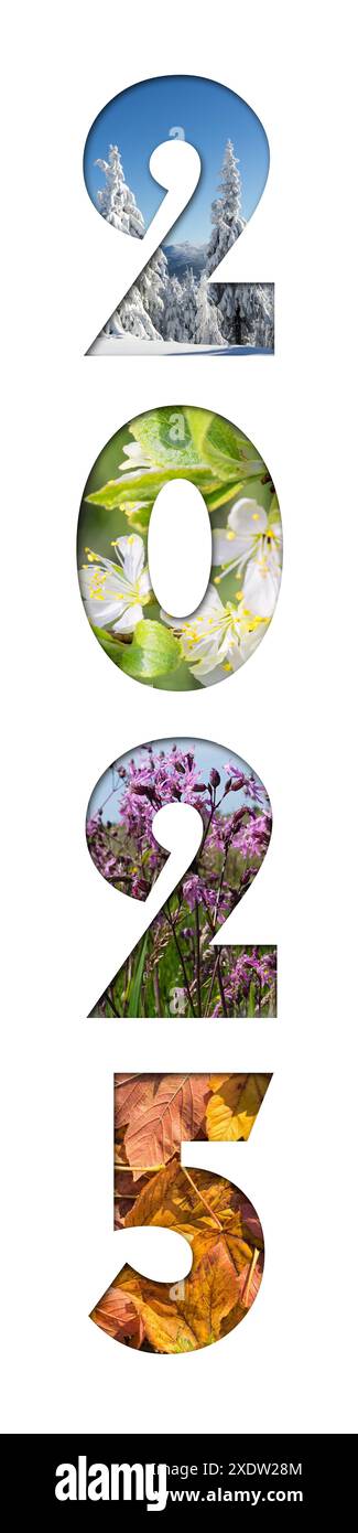 Nummer 2025 von Four Seasons Fotos für Kalender, Flyer, Poster, Postkarte, Banner. Vertikales Bild. Stockfoto