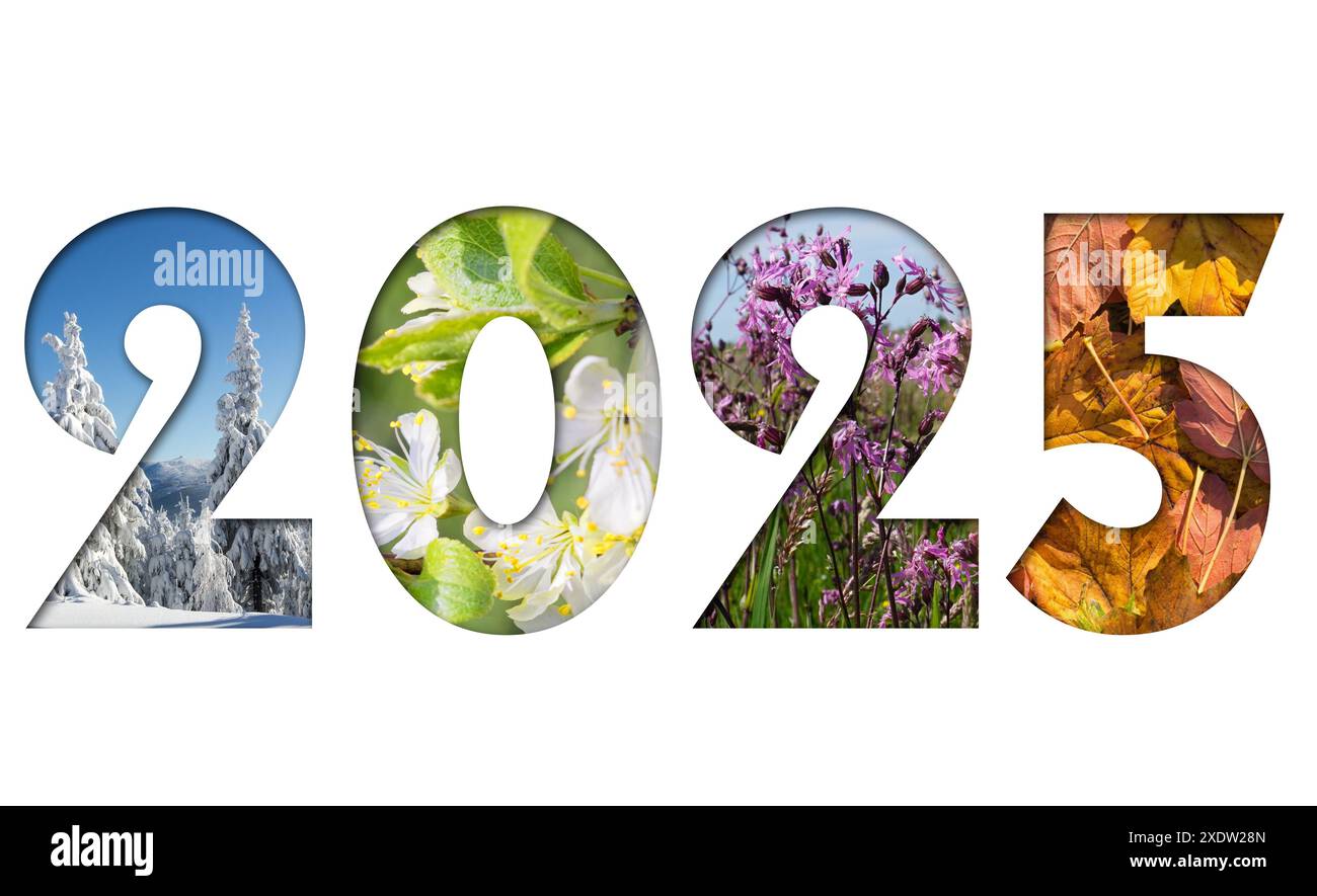 Nummer 2019 vom Four Seasons Fotos für Kalender, Flyer, Plakat, Postkarte, Banner Stockfoto