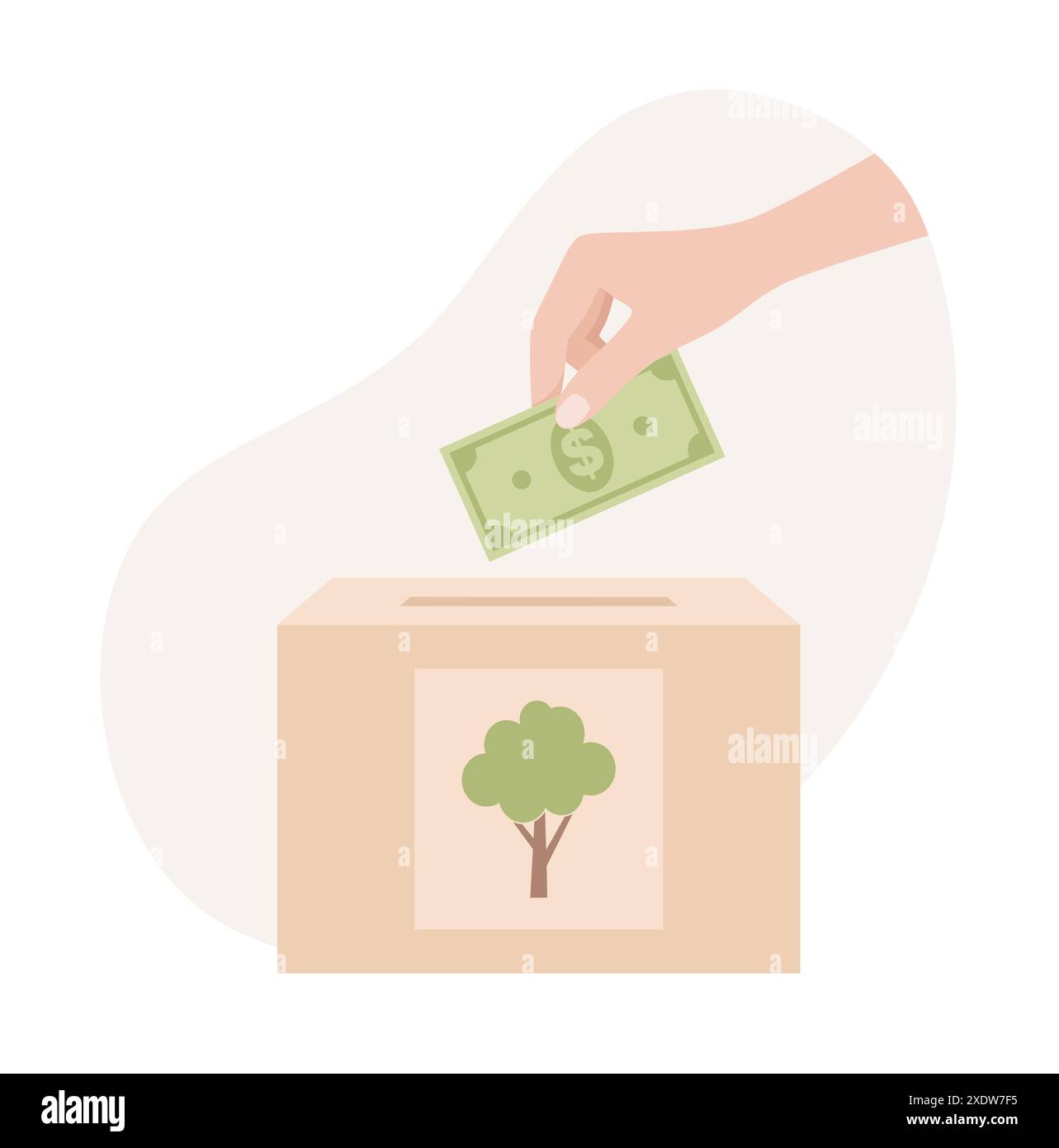 Eine weibliche Hand, die eine Dollar-Banknote in eine Wohltätigkeitsbox mit einem Baumaufkleber steckt. Spende für den Umweltschutz. Illustration des flachen Vektors Stock Vektor