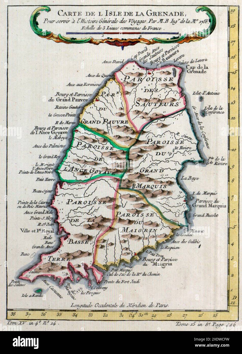 Karte der Insel Grenada, für die allgemeine Geschichte der Reise 1758 Stockfoto