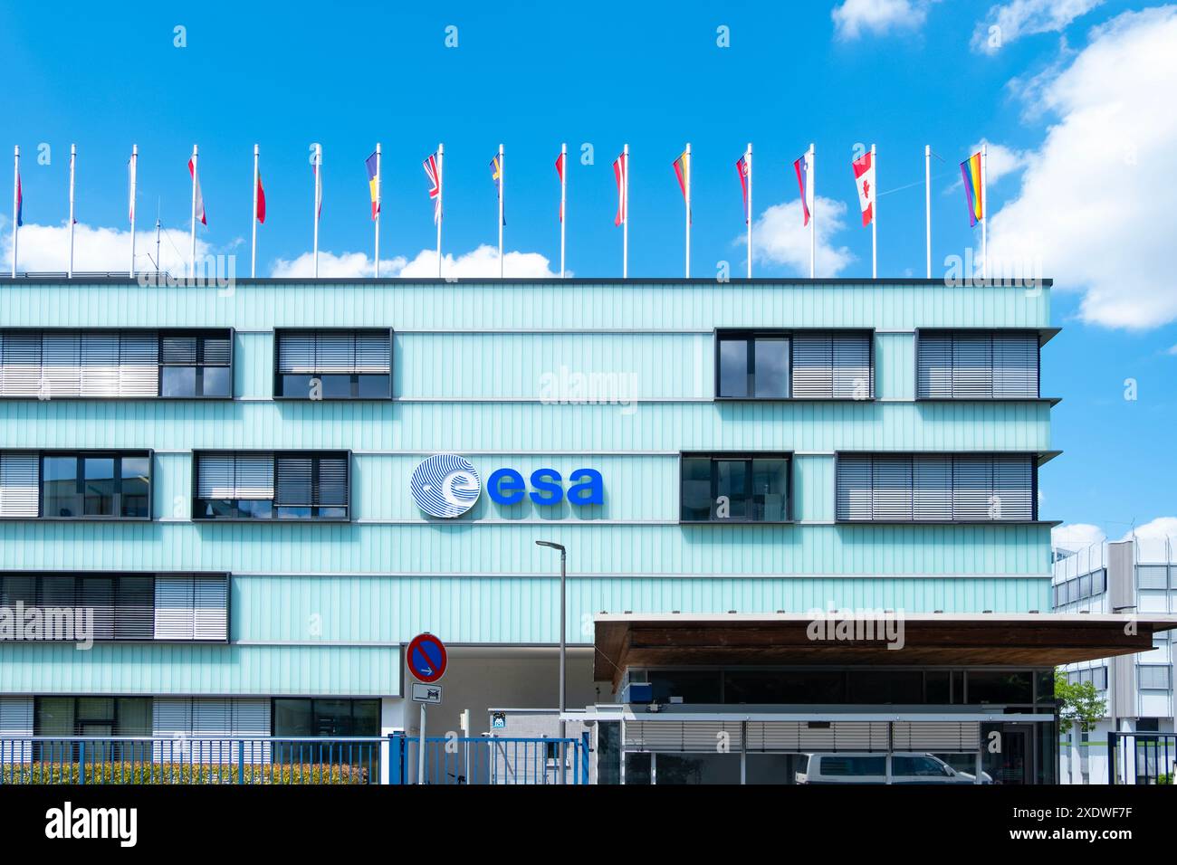 Europäische Weltraumorganisation, ESA-Logo, Weltraumforschung, bemannte Raumfahrt, Telekommunikation, Navigation, Überwachung, Gateway zur kosmischen Innovation, Fran Stockfoto