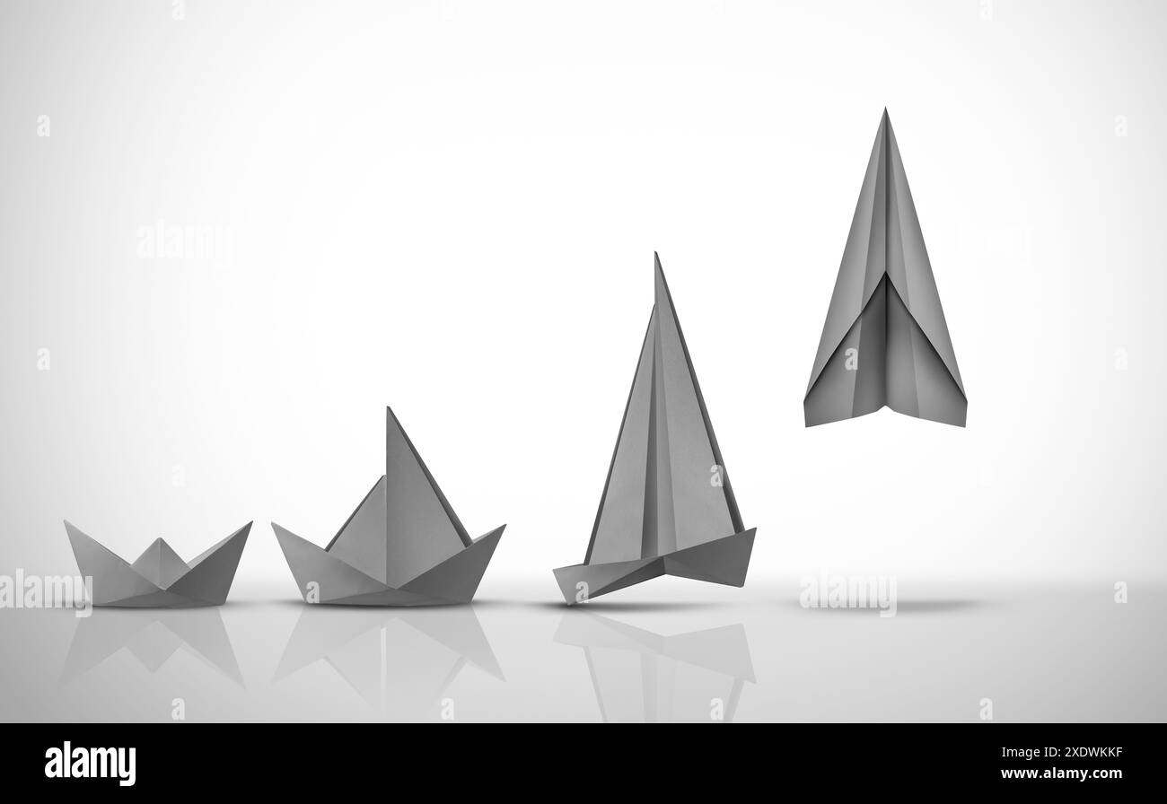 Veränderung für Erfolg als Unternehmensgründungskonzept oder Lebensmetapher für Übergang und Evolotion als Papierboot, das sich als Origami-Flugzeug ändert Stockfoto
