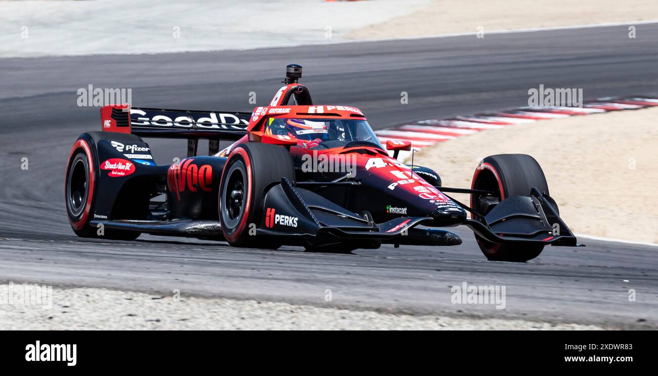 23. Juni 2024 Monterey, CA, USA Rahal Letterman Lanigan Racing Fahrer Christian Lundgaard (45) aus Dänemark, der während des Firestone Grand Prix von Monterey IndyCar warm Up auf dem WeatherTech Raceway Laguna Seca Monterey, CA Thurman James/CSM aus Turn11 herauskam Stockfoto