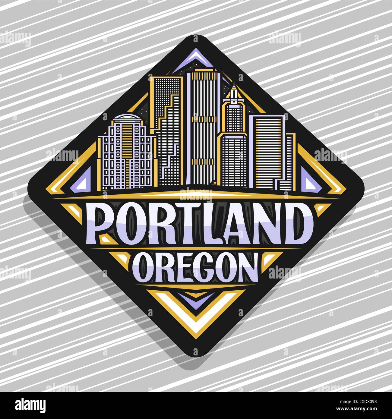 Vektor-Logo für Portland, schwarzes dekoratives Rautenschild mit Linienillustration der zeitgenössischen portland Stadtlandschaft, Kunstdesign-Kühlschrankmagnet Stock Vektor