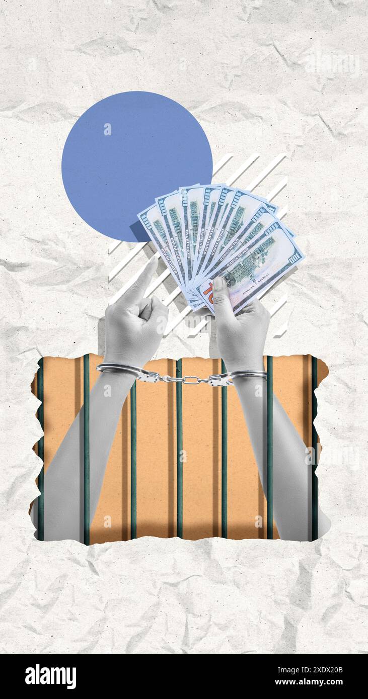 Zeitgenössische Kunstcollage, die Hände in Handschellen zeigt und eine Bestechung von US-Dollar-Scheinen hinter Gittern hält, symbolisiert Korruption und die Folgen von Krankheit Stockfoto
