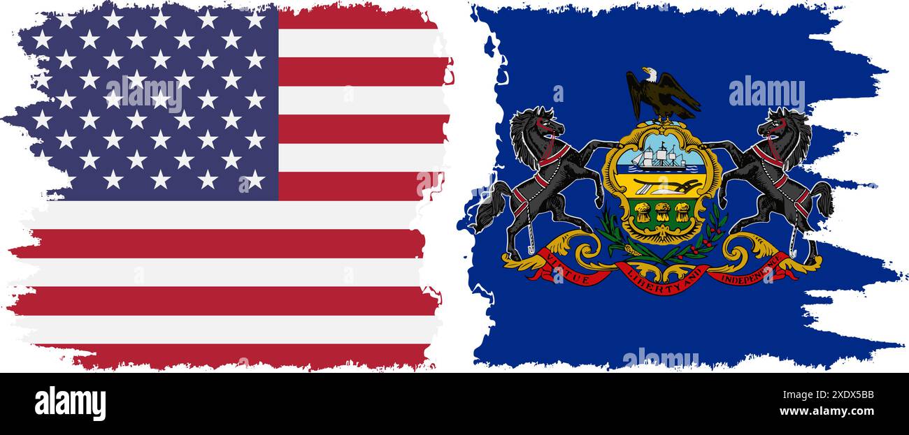 Pennsylvania State und USA Grunge Flags Verbindung, Vektor Stock Vektor