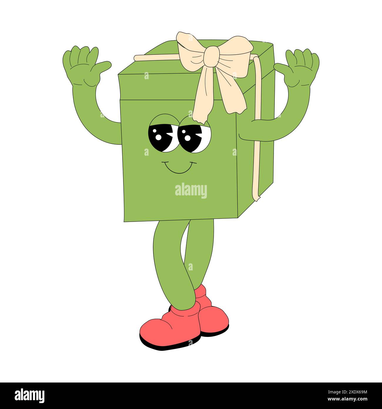 Weihnachten und Happy New Year groovige Geschenkbox Charakter isoliert. Maskottchen für Winterferien. Retro-Hippie-Charakter im 60er, 70er, y2k-Stil mit lustigem Groov Stock Vektor