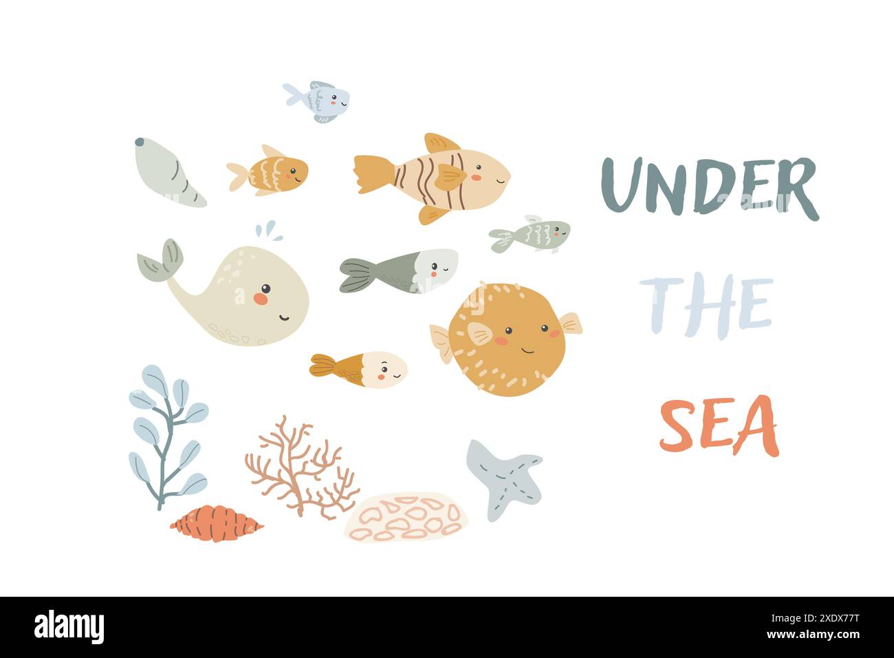 Kinder Meerestier Hintergrund mit Muschel. Karte für nautische Elemente. Niedliche Fische oder Meeresbewohner mit Algen, Muscheln. Meerestiere, Meerestiere Stock Vektor