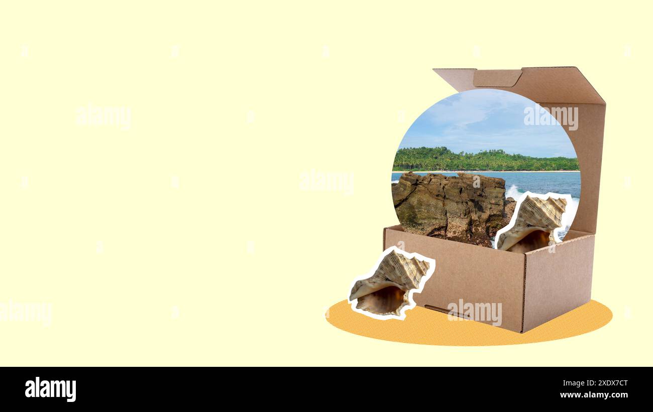 Öffnete eine Kiste mit einem Strand und einem blauen Himmel auf einem farbigen Hintergrund. Collage-Kunst Stockfoto