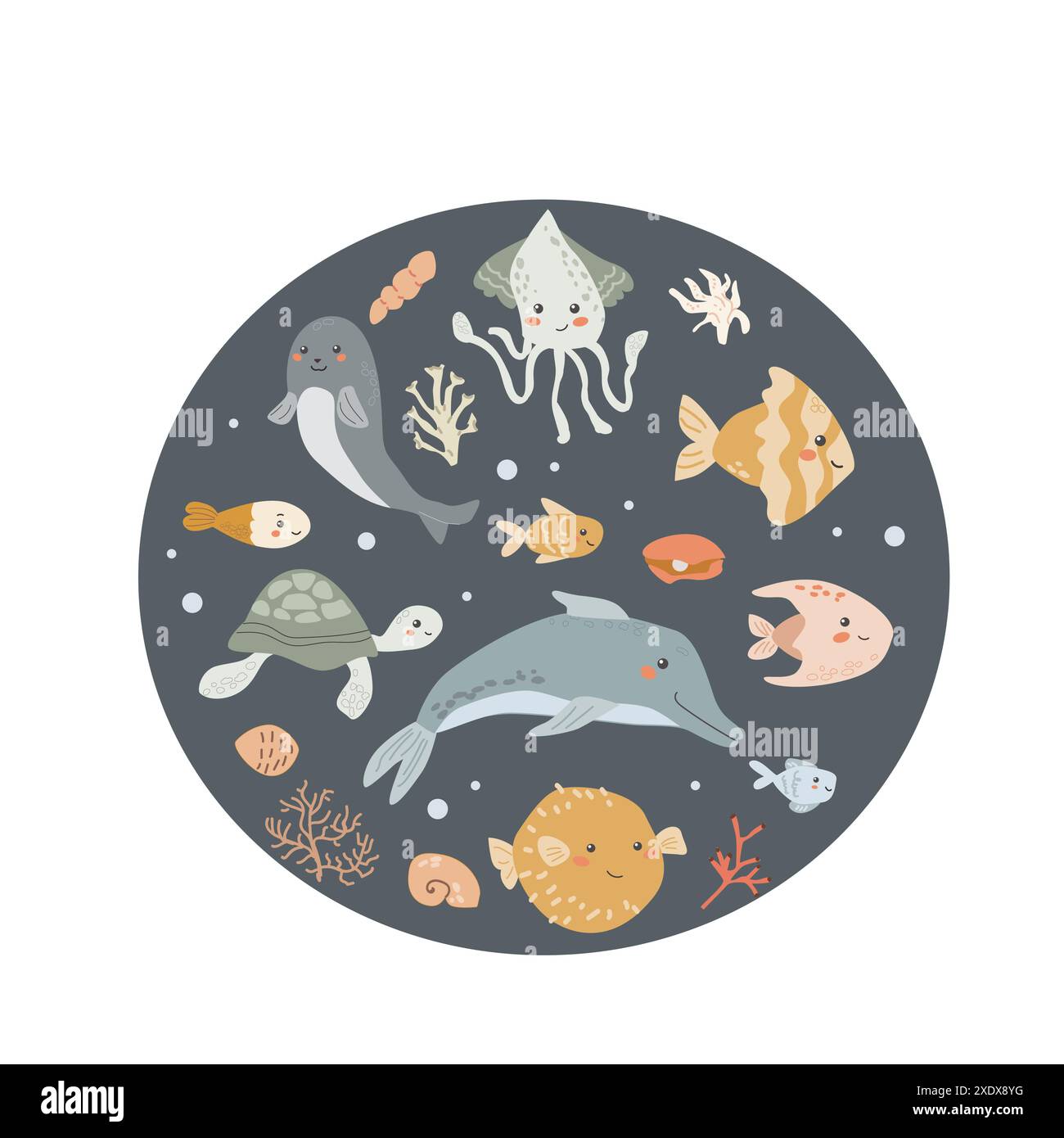 Kinder Meerestier Hintergrund mit Muschel. Karte für nautische Elemente. Niedliche Fische oder Meeresbewohner mit Algen, Muscheln. Meerestiere, Meerestiere Stock Vektor