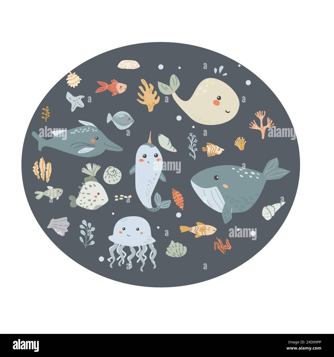 Kinder Meerestier Hintergrund mit Muschel. Karte für nautische Elemente. Niedliche Fische oder Meeresbewohner mit Algen, Muscheln. Meerestiere, Meerestiere Stock Vektor