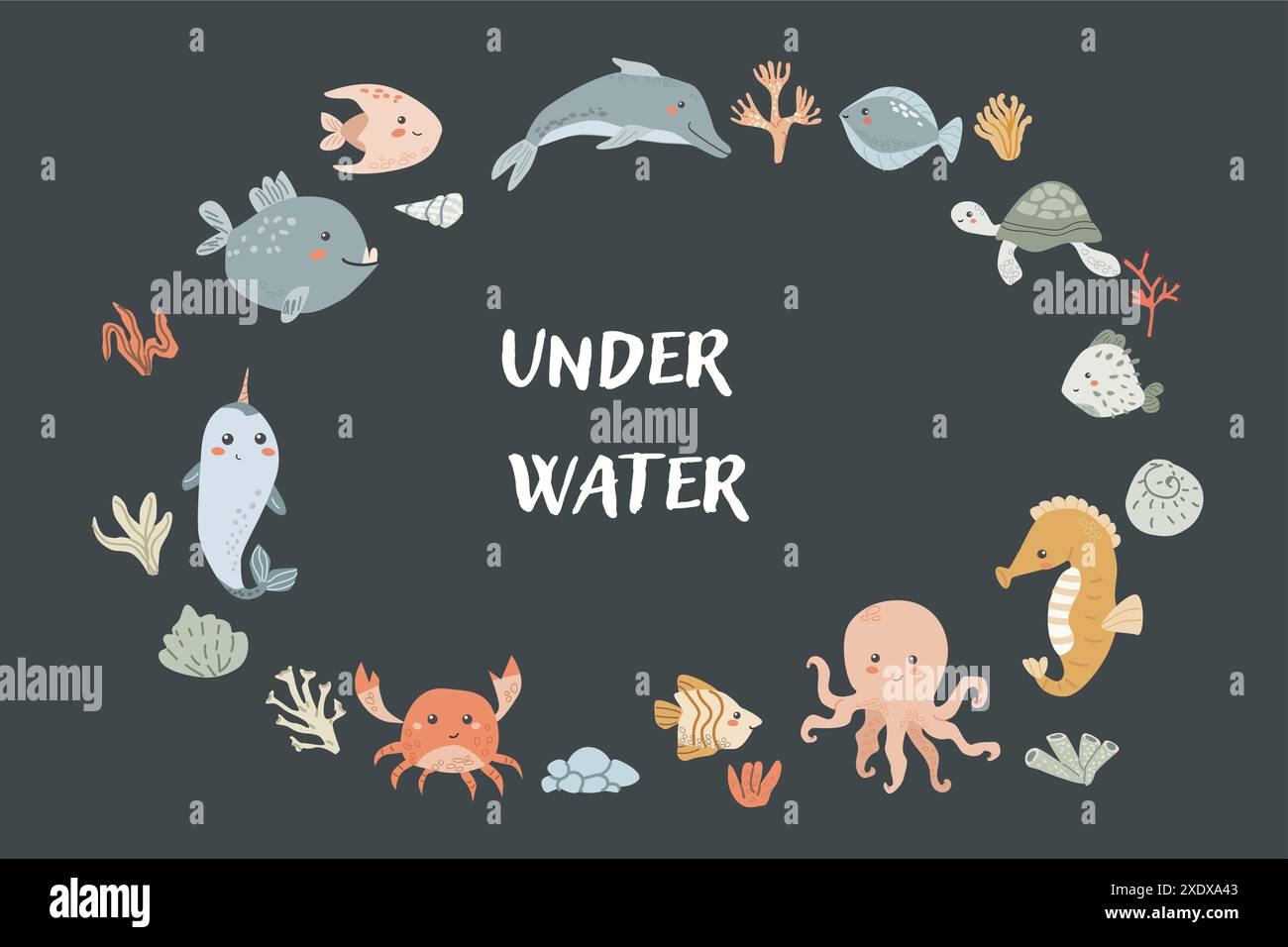 Kinder Meerestier Hintergrund mit Muschel. Karte für nautische Elemente. Niedliche Fische oder Meeresbewohner mit Algen, Muscheln. Meerestiere, Meerestiere Stock Vektor