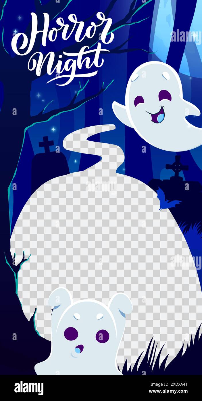 Halloween Social-Media-Rahmenvorlage mit niedlichen Spooks im Nachtwald. Vektor-Vertikalhintergründe mit entzückenden Geistern, perfekt, um festlichen Fotos und Posts einen Hauch von unheimlichem Charme hinzuzufügen Stock Vektor