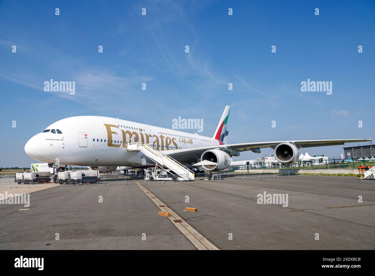 Airbus A380-800 von Emirates Airline in ILA Berlin, ILA-Gelände am Flughafen BER Berlin-Brandenburg, Stockfoto