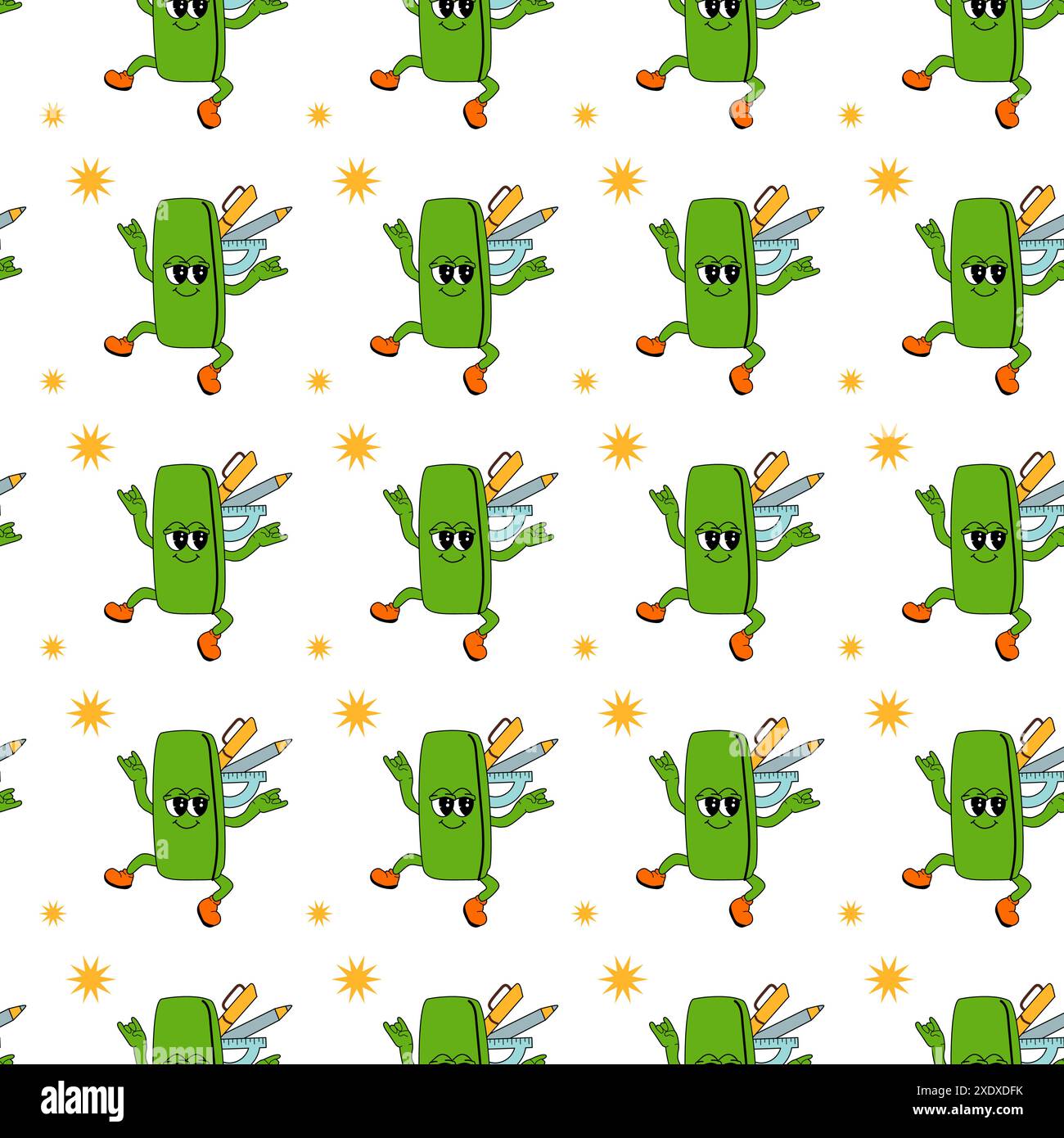 y2k-Schule mit groovigem, nahtlosem Muster. Kindermuster mit Schulutensilien und y2k-Elementen. Bildung wiederholt Hintergrund mit Schreibwaren, trendigen Retro-groovigen Charakteren. Kindliches Design aus Stoff. Stock Vektor