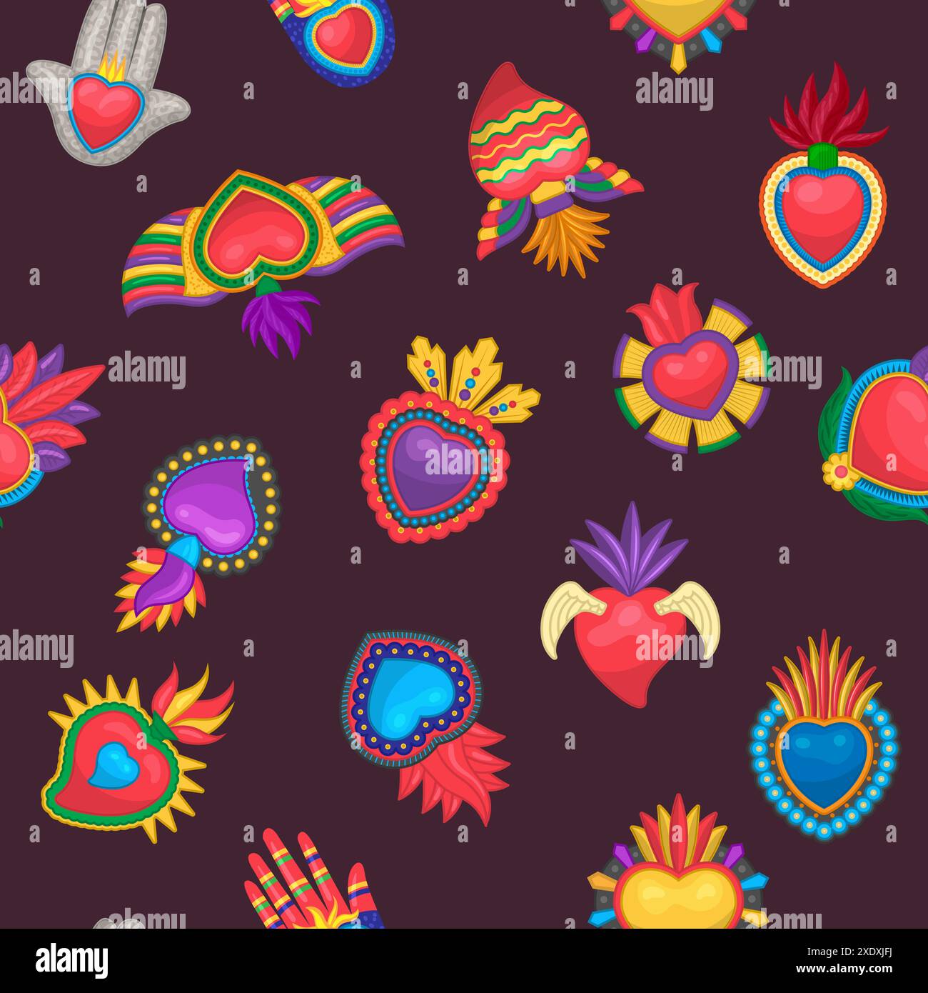 Mexikanische Herzen Muster authentische Symbole von mexikanischen Leuten Herzen in Flamme und Augen nahtlosen Hintergrund Stock Vektor
