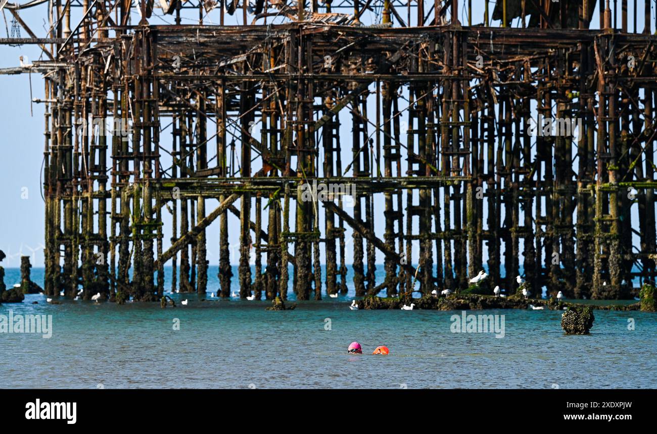 Brighton Großbritannien 25. Juni 2024 - Ein Schwimmer kommt an einem schönen, heißen, sonnigen Morgen am West Pier in Brighton vorbei und die Temperaturen werden in Teilen Großbritanniens heute 30 Grad erreichen : Credit Simon Dack / Alamy Live News Stockfoto