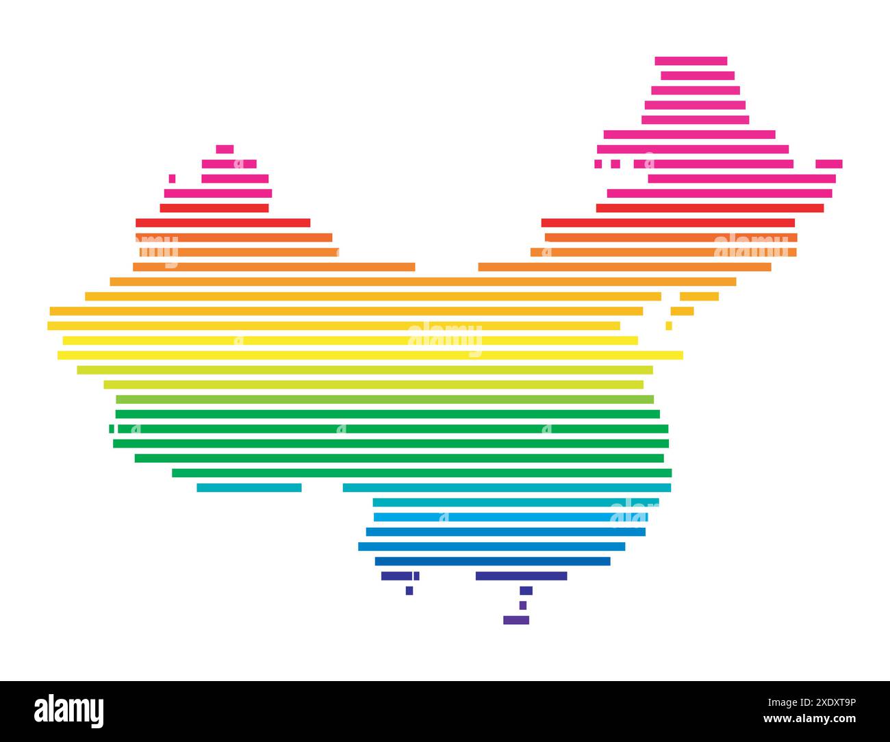 Abstrakte Landkarte der Volksrepublik China, die das Land mit horizontalen parallelen Linien in Regenbogenfarben zeigt Stock Vektor