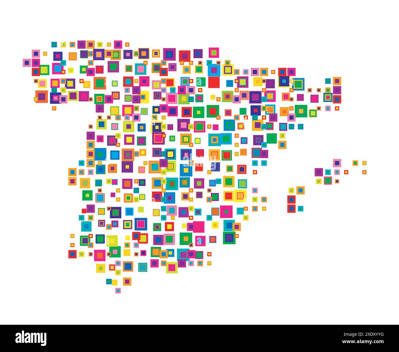 Abstrakte Karte Spaniens abstrakte Karte, die das Land mit einem Muster von sich überschneidenden bunten Quadraten wie Süßigkeiten zeigt Stock Vektor