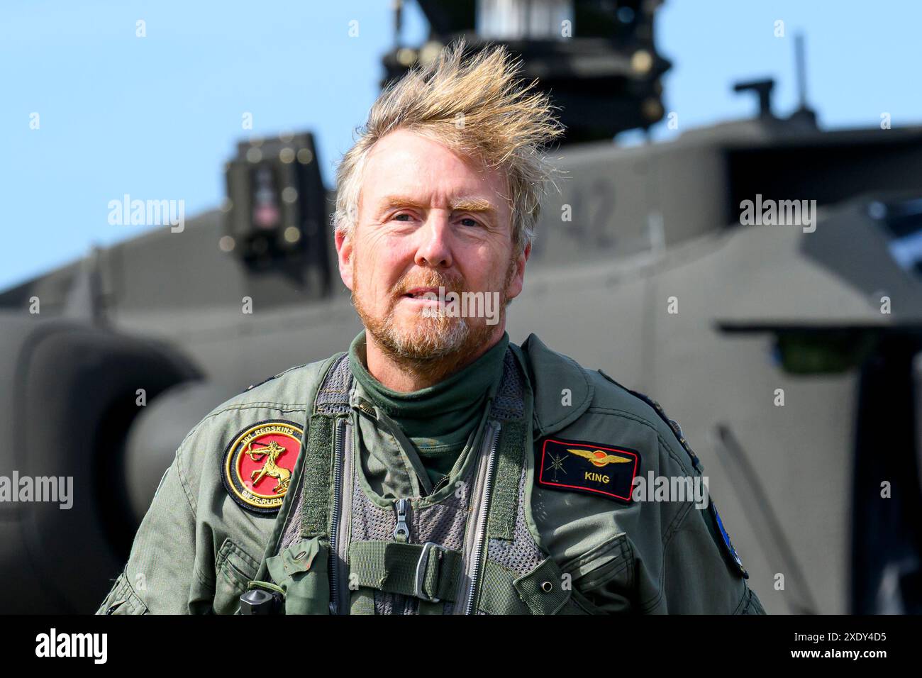 Carlisle, Vereinigtes Königreich, 19-06-2024 König Willem Alexander während der TAC Blaze UK Hubschrauberübung am Flughafen Carlisle in Großbritannien. Diese Übung des Defense Helicopter Command konzentriert sich auf das Training im taktischen Tiefflug im Falle einer Radarbedrohung und auf das Vermeiden feindlicher Radarsysteme. Stockfoto