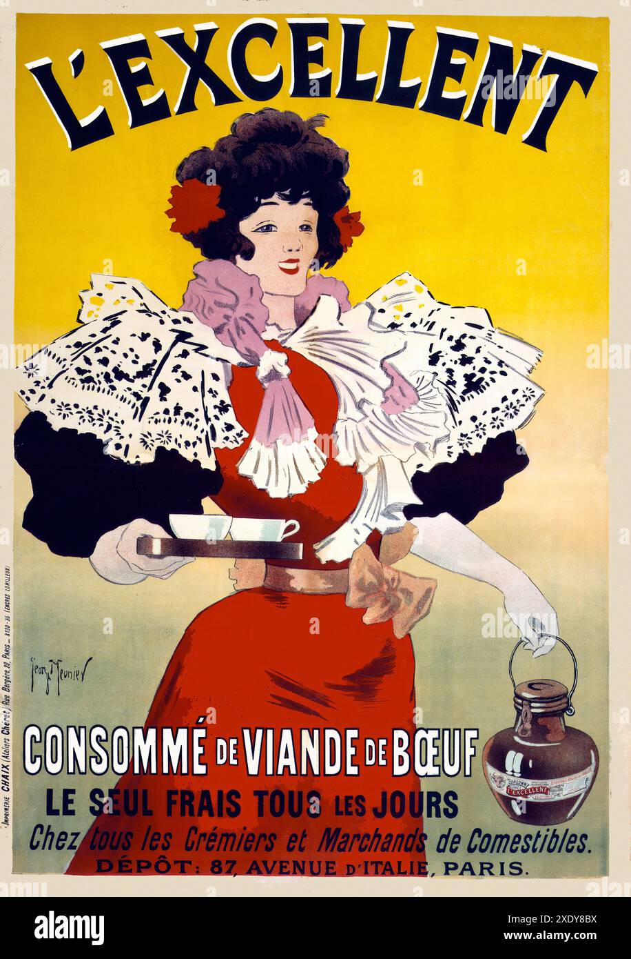 MEUNIER Georges - L'excellent consommé de viande de bœuf 1895 - Poster mit Vintage-Illustration Stockfoto