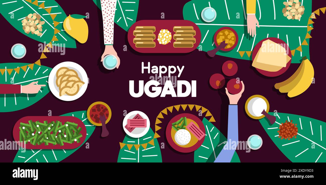 Ugadi-fest. Eine Gruppe von Leuten versammelt sich zum Hindu-Neujahr. Blick von oben nach unten auf den Esstisch, die Hände greifen nach Essen. Grußkarte Happy Ugadi Stock Vektor