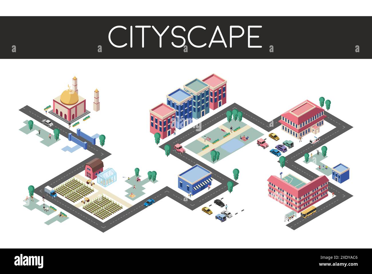 Isometrische Stadtlandschaftsillustration, einfaches Stadtlandschaftdesign mit Bausteinen, öffentlichen Einrichtungen, Parks, Fahrzeugen und Menschen, die durch die Gegend reisen Stock Vektor