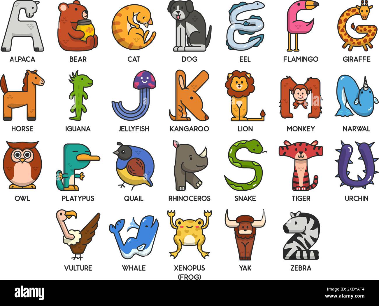 Niedliche Vektortiere in Buchstabenform. ABC-Lernposter für Kinder. Unterhaltsame Lernmethoden mit lustiger, einzigartiger Tierwelt. Stock Vektor