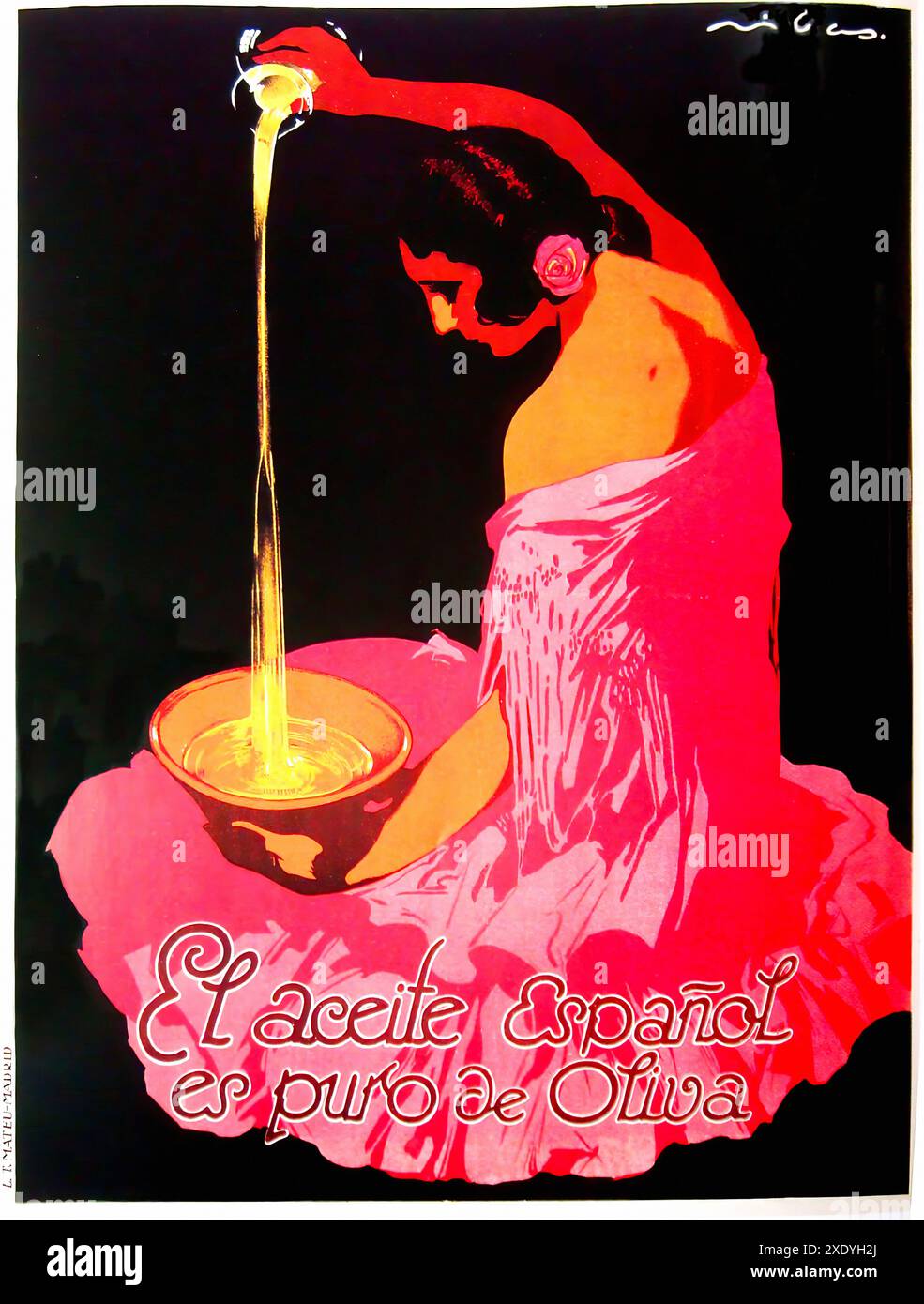 RIBAS MONTENEGRO Federico - El aceite español es puro de oliva 1925 - Poster mit Vintage-Illustration Stockfoto