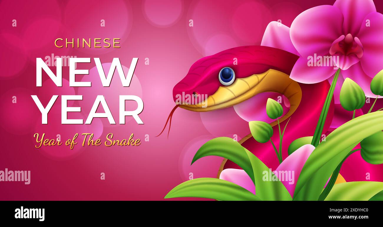 Niedliches chinesisches Neujahrs-2025-Banner-Design mit roter Schlange und rosa Orchideenblume Hintergrund Stock Vektor