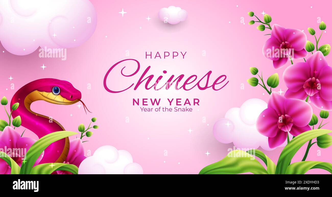 Nettes Jahr des Schlangenbanner Design, rote Schlange und rosa Orchideenblume Vektor Illustration Stock Vektor