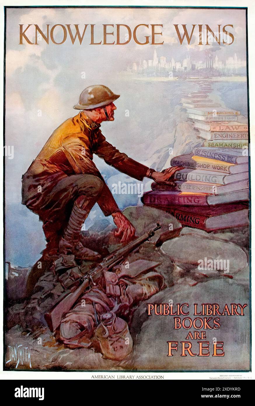 SMITH Dan – Wissen gewinnt Public Library Books are Free 1918 – Vintage Illustrated Print Poster Stockfoto