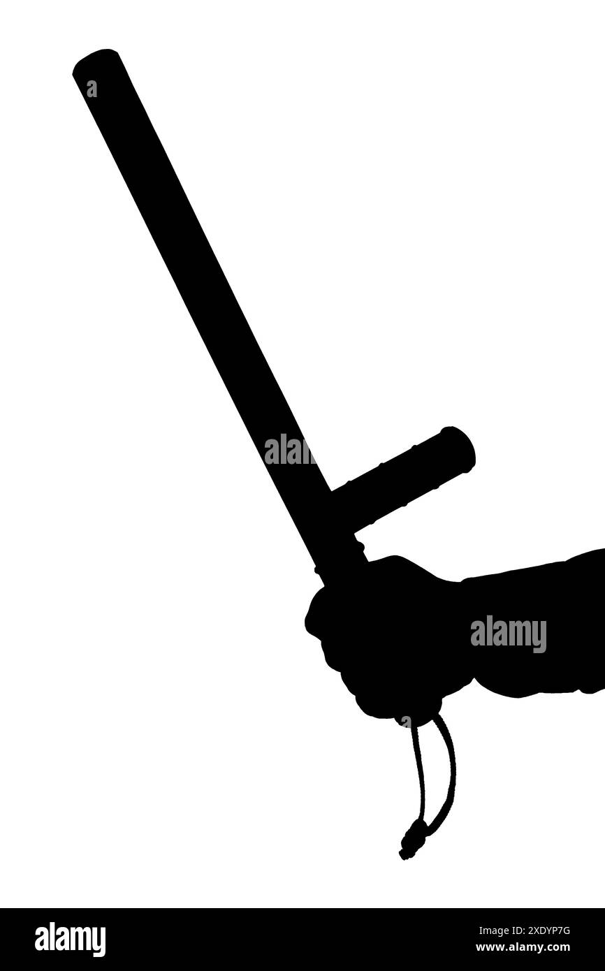 Eine schwarz-weiße Silhouette der Hand im Hemd mit Gummi-Polizeistab isoliert auf weißem Hintergrund Stockfoto