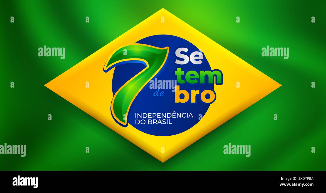 Brasilianisches Unabhängigkeitstag-Zeichen, 7 de setembro-Feier mit grünem Seidenhintergrund. Übersetzung: Reihenfolge und Fortschritt Stock Vektor