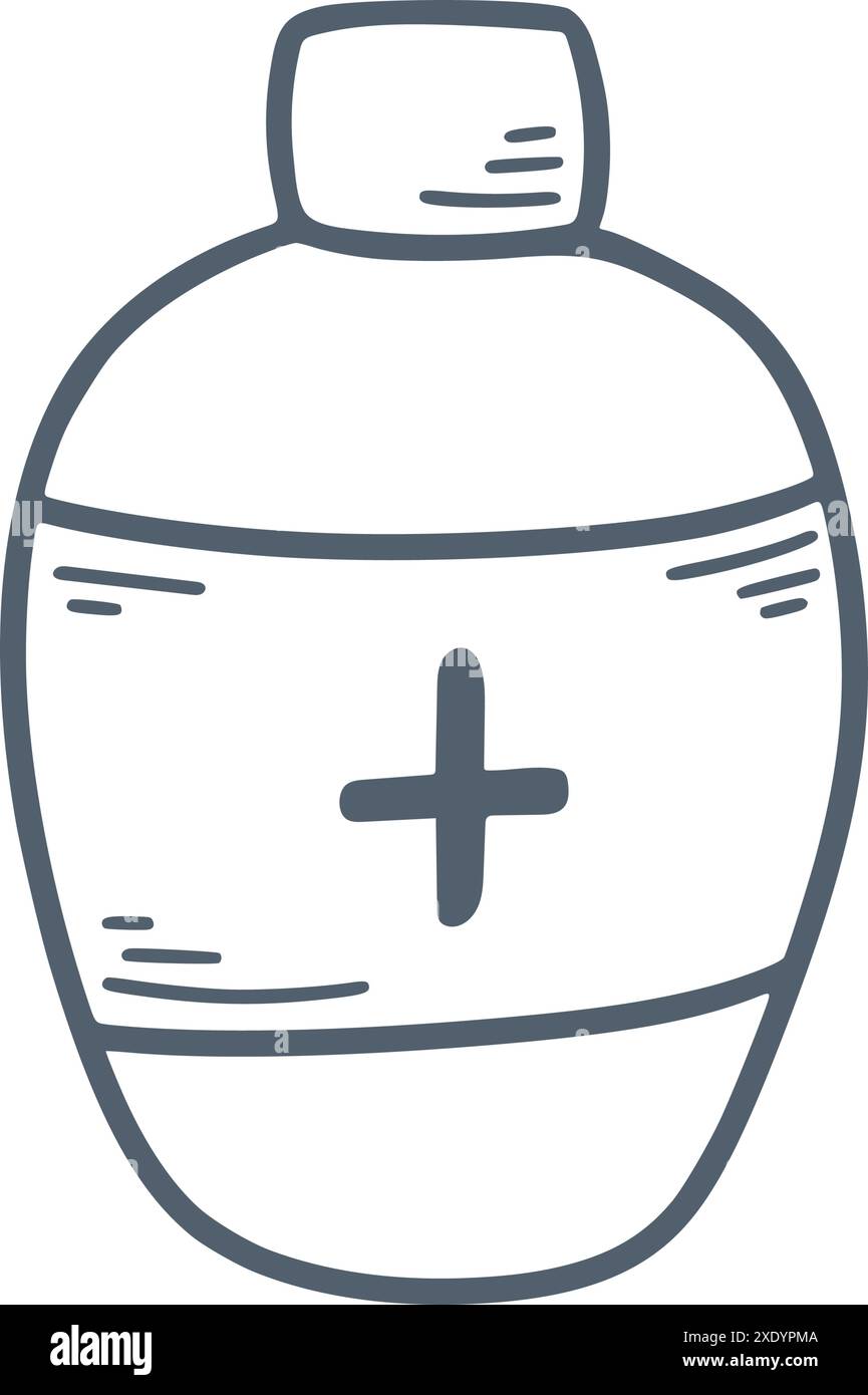 Handdesinfektionsgefäß mit Kritzeleien im Skizzenstil. Einfaches handgezogenes Tuschgefäß mit Desinfektionsmittel. Flasche mit Kreuz, isolierte ClipArt, Vektor Stock Vektor
