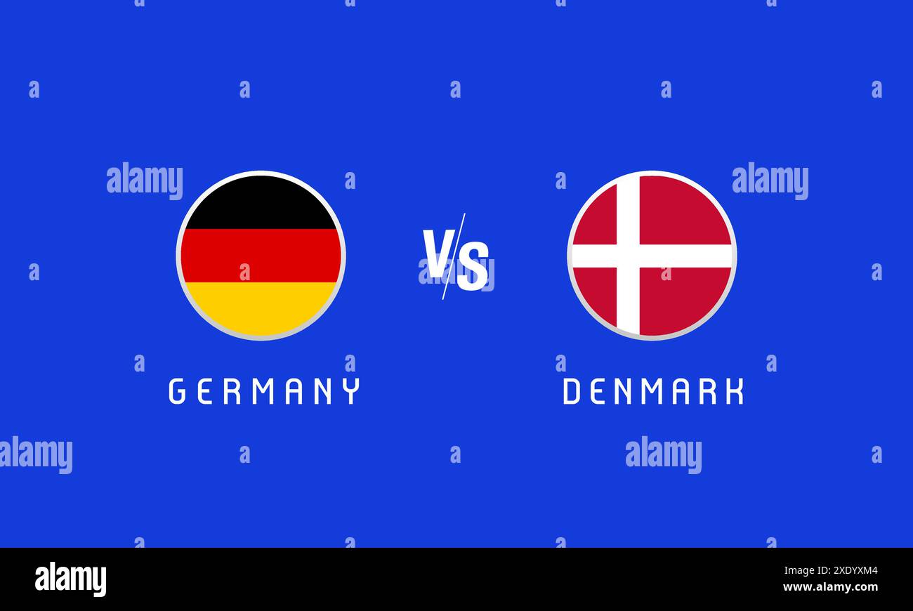 Achtelfinale Deutschland gegen Dänemark, Flaggenemblem-Konzept. Vektor-Hintergrund mit deutschen und dänischen Fahnen für Fußballmeisterschaft für Nachrichtensendung oder Fernsehen Stock Vektor