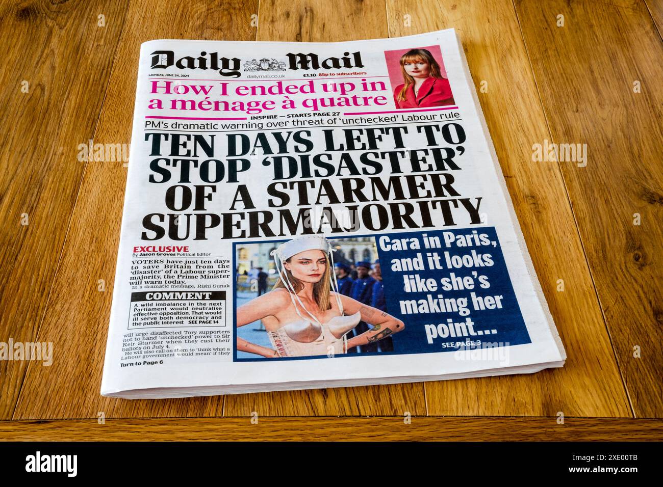 24. Juni 2024. Die Titelzeile von Daily Mail lautet: Zehn Tage verbleiben, um die Katastrophe einer Starmer-Supermehrheit zu stoppen. Stockfoto