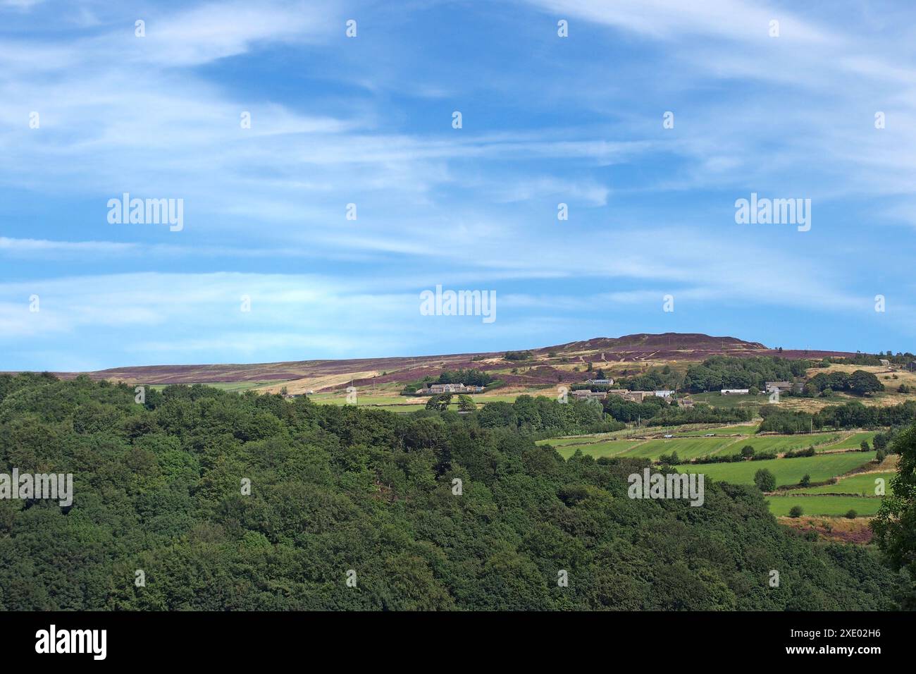 Blick auf das Dorf midgley Moor, umgeben von Bauernhäusern und pennine Landschaft im Sommersonnenlicht Stockfoto