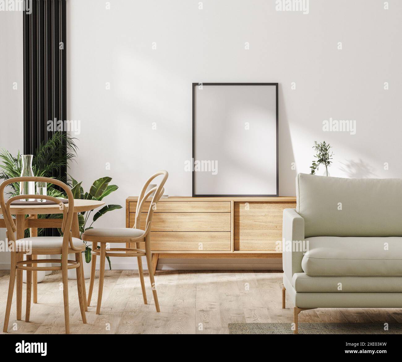 Modernes Wohnzimmer mit Möbeln und Posterrahmen, Inneneinrichtung, 3D-Rendering Stockfoto