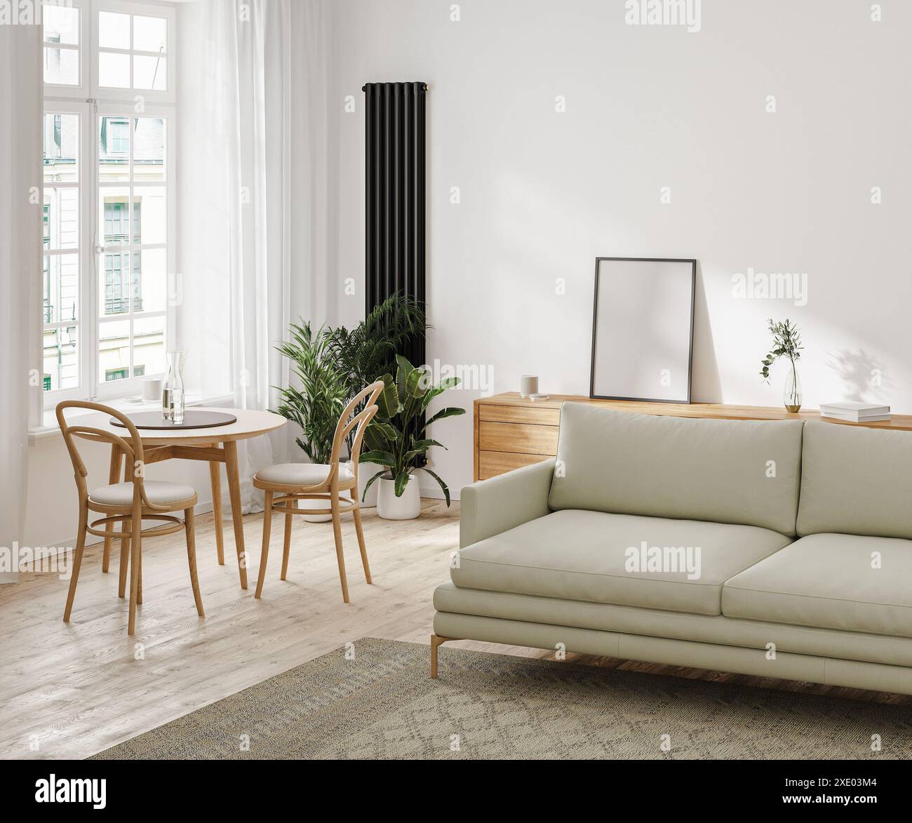 Modernes Wohnzimmer mit beigefarbenem Sofa, Esstisch, Kommode mit Posterrahmen, Teppich, Heizkörper, 3D-Putz Stockfoto