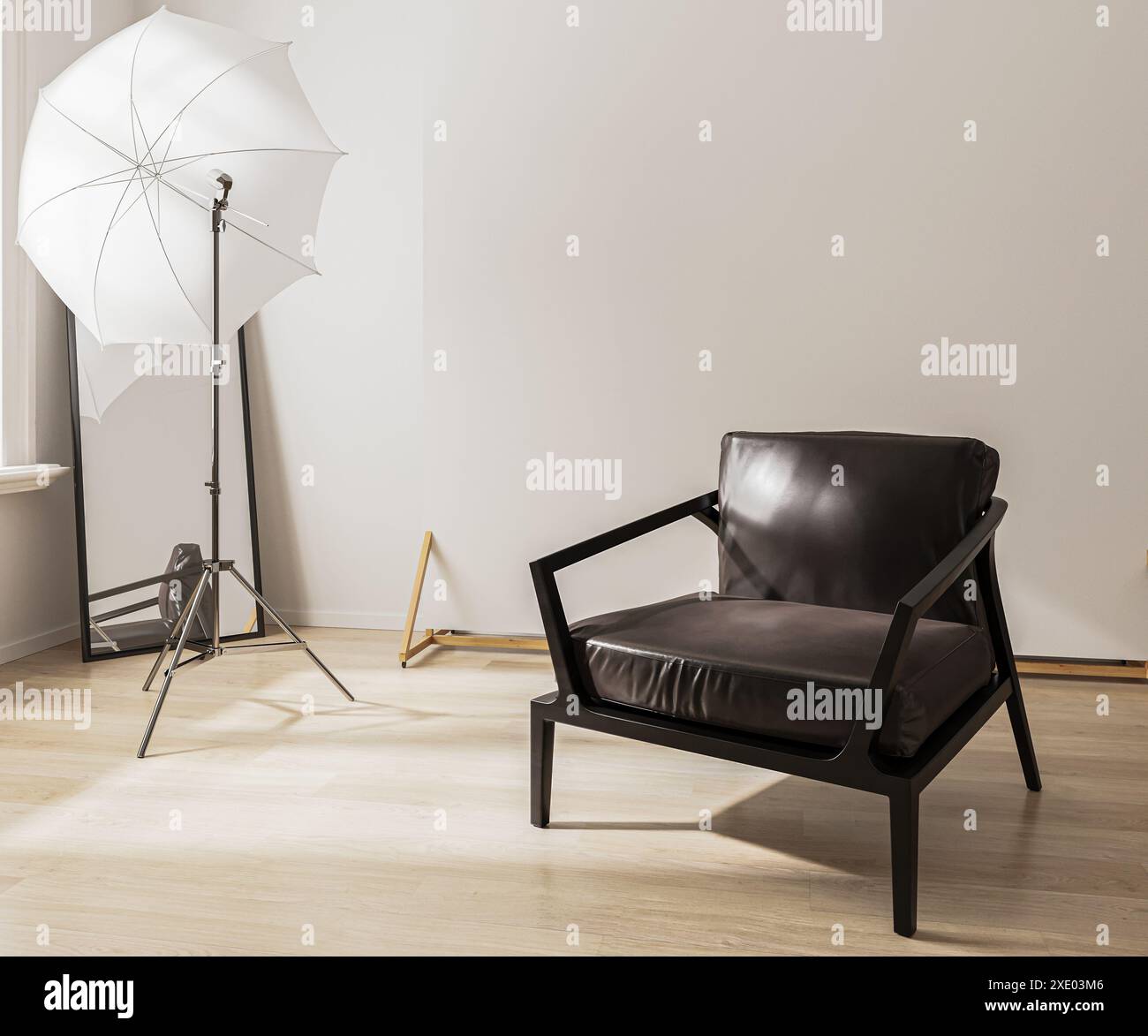 Fotostudio mit Blitzausrüstung und weißem Hintergrund, Fotostudio, 3D-Rendering Stockfoto