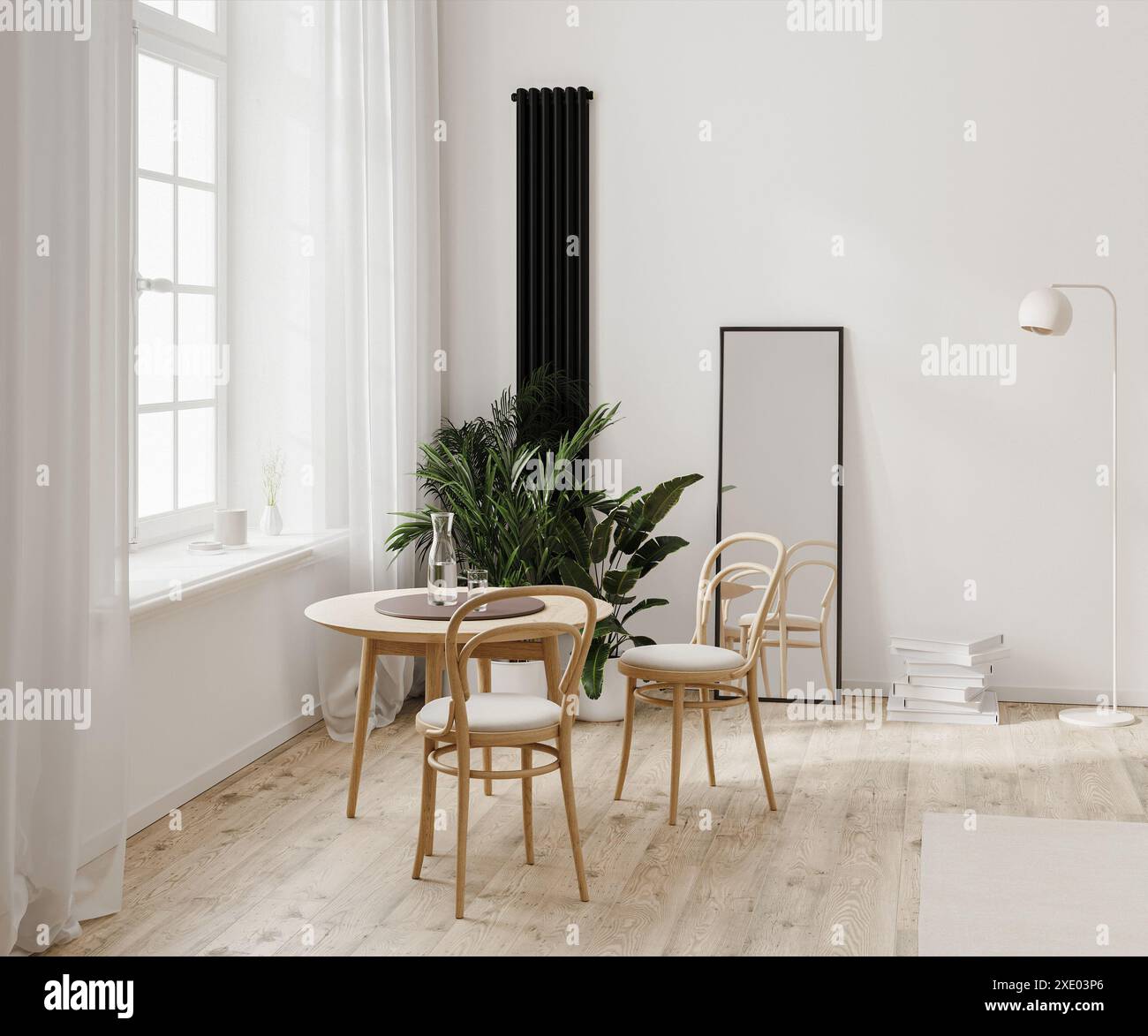 Moderne Innenausstattung mit weißer Wand und Holzboden, Esstisch in Fensternähe, Spiegel und Heizkörper, 3D-Putz Stockfoto