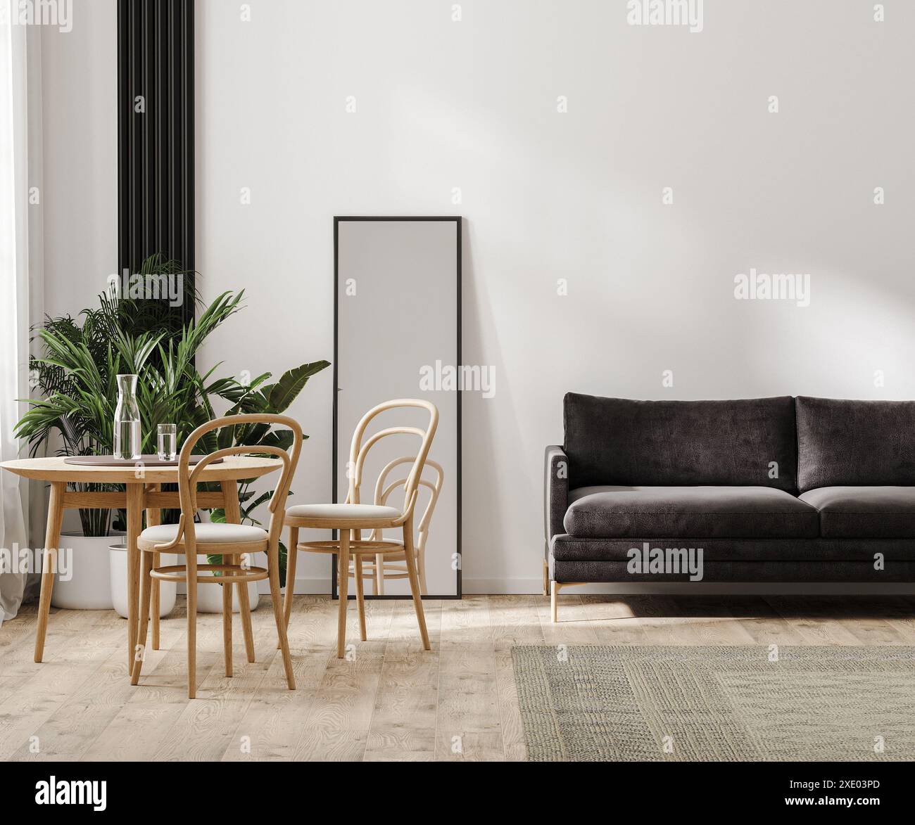 Moderne Wohnzimmereinrichtung, Wohneinrichtung, skandinavischer Stil, 3D-Rendering Stockfoto