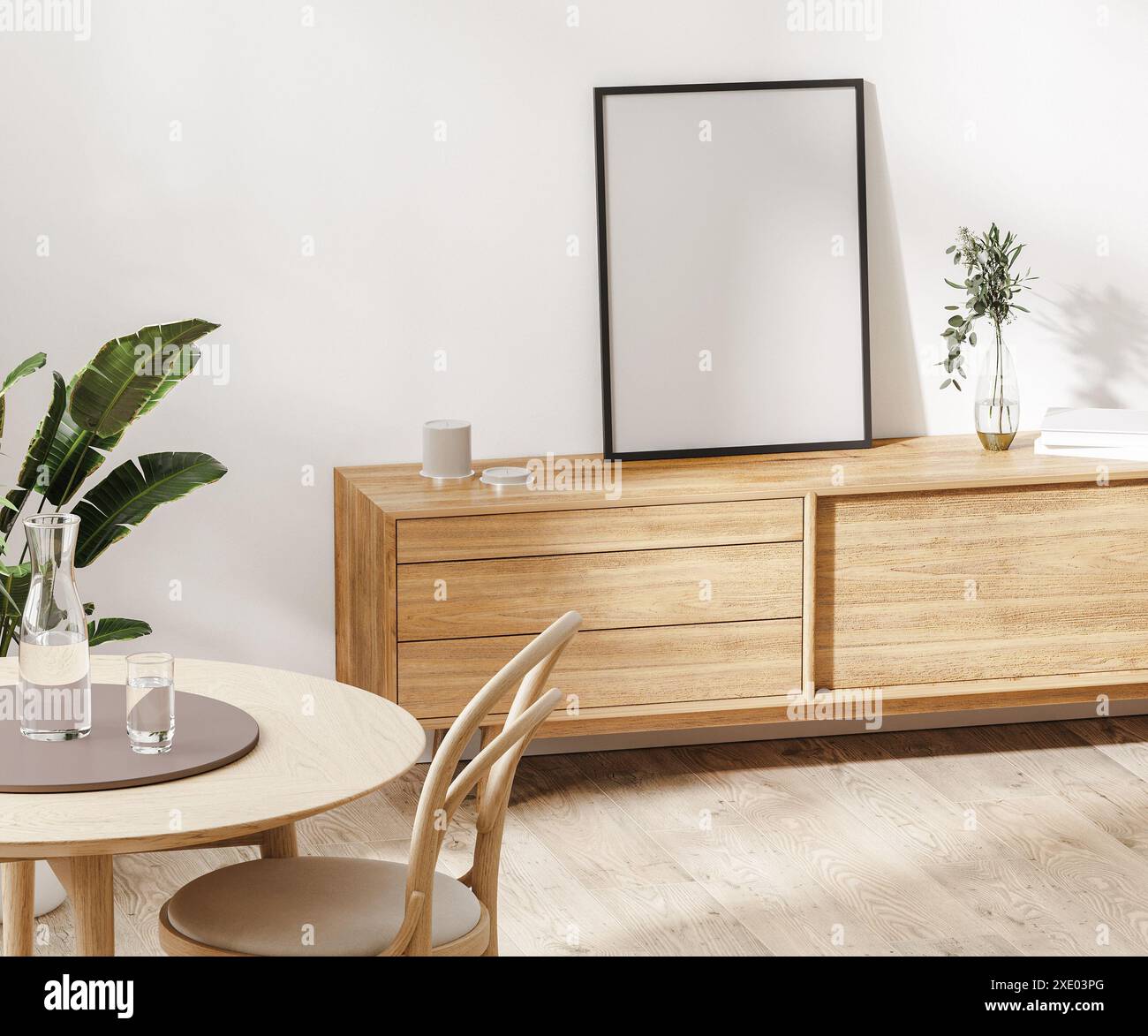 Leeres Rahmenmockup auf Holzkommode im Esszimmer, Innenmockup zu Hause, 3D-Rendering Stockfoto