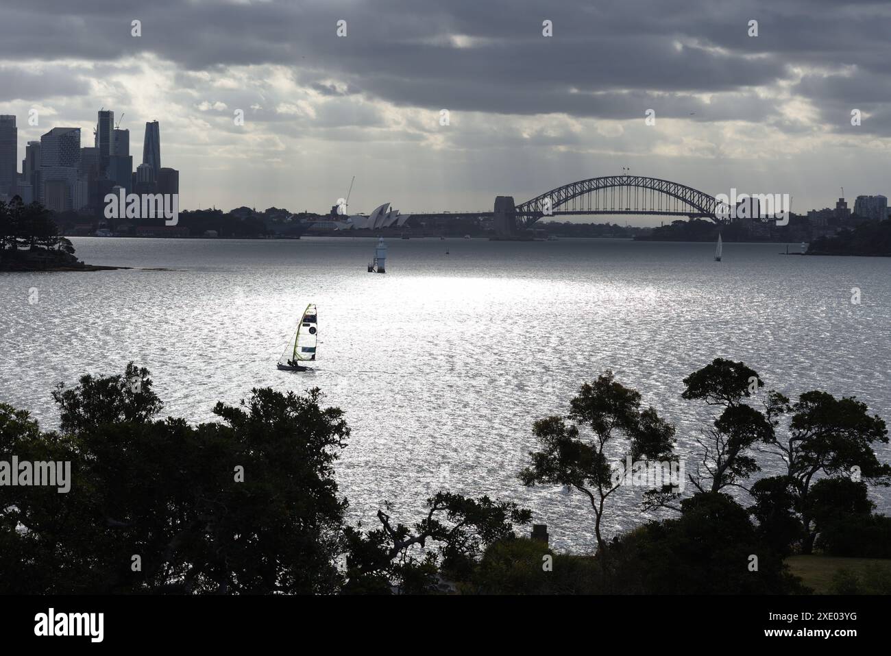 Ein einzelnes Segelboot auf einem silbernen Hafen von Sydney in Rose Bay am Nachmittag, die Skyline von Sydney, die Harbour Bridge und das Opernhaus im Hintergrund Stockfoto