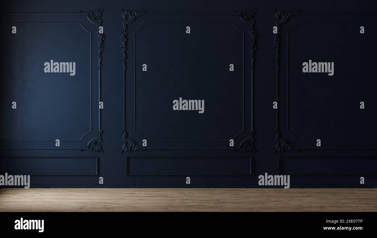 Dunkelblaue Wand mit klassischem Stil und Holzboden, leeres Innenleben, 3D-Putz Stockfoto