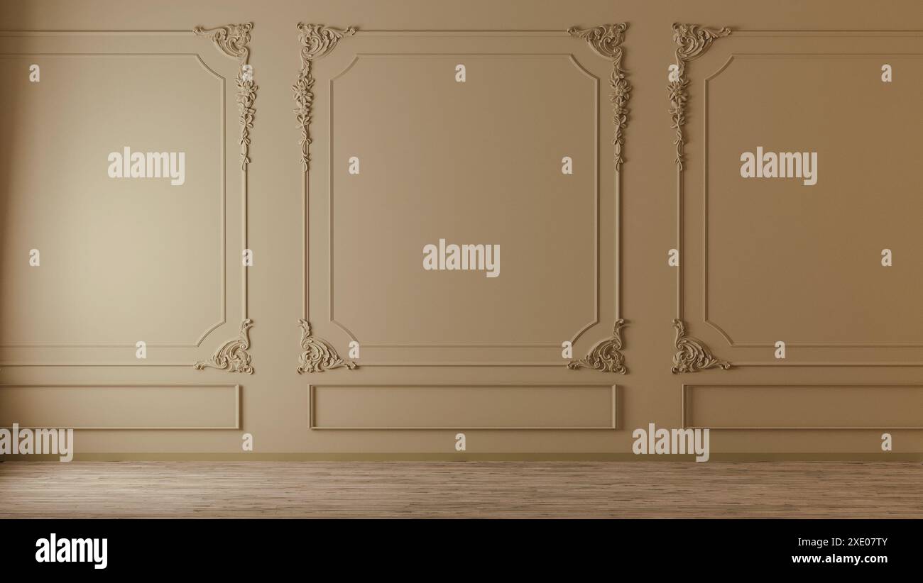 Beigefarbene Wand mit klassischem Stil und Holzboden, leeres Innenleben, 3D-Putz Stockfoto