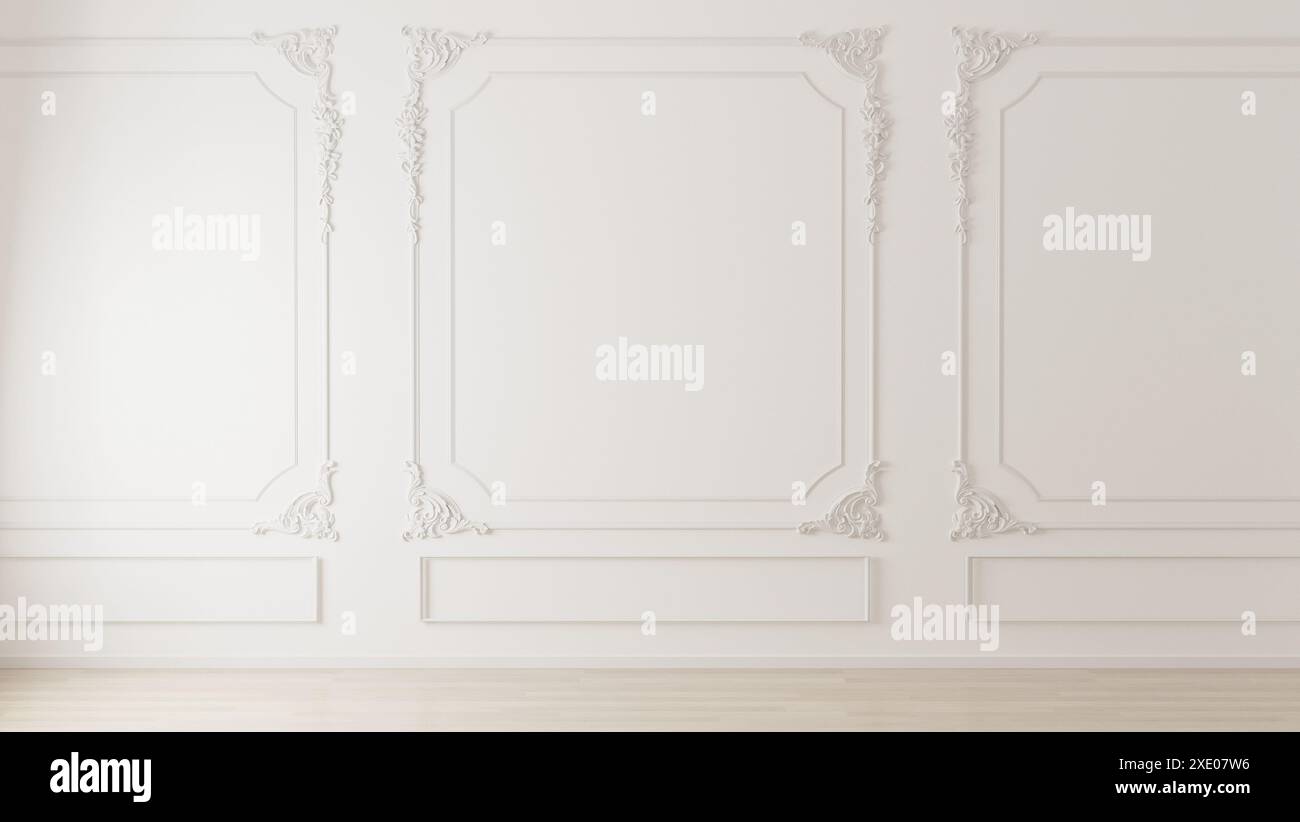 Weiße Wand mit klassischem Stil und Holzboden, leeres Innenleben, 3D-Putz Stockfoto