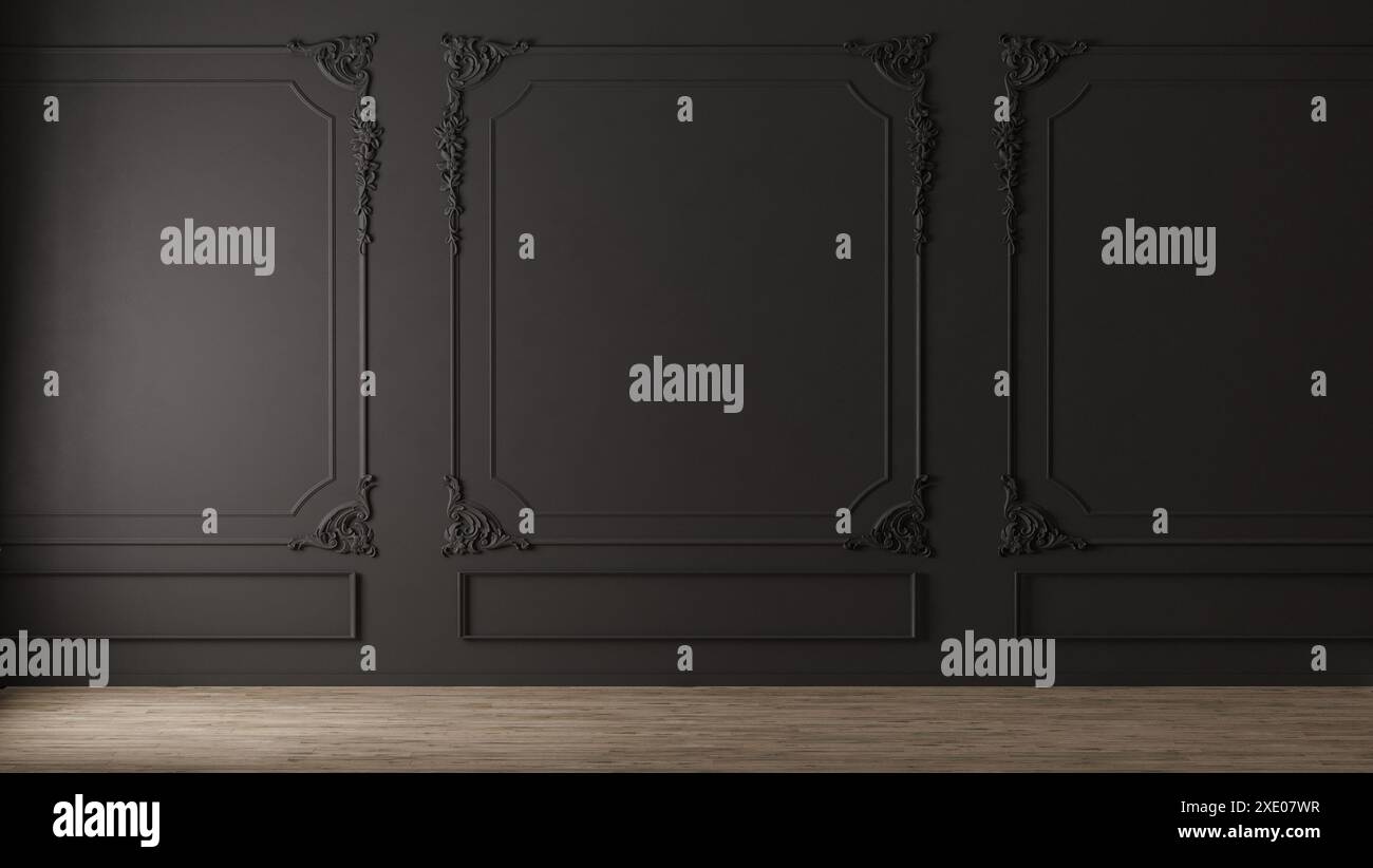 Schwarze Wand mit klassischem Stil und Holzboden, leeres Innenleben, 3D-Putz Stockfoto