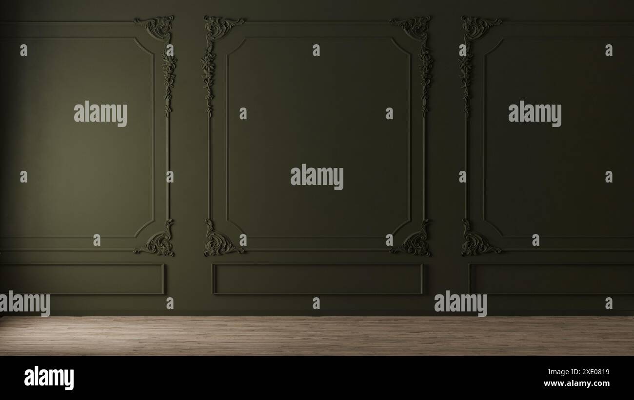 Grüne Wand mit klassischem Stil und Holzboden, leeres Innenleben, 3D-Putz Stockfoto